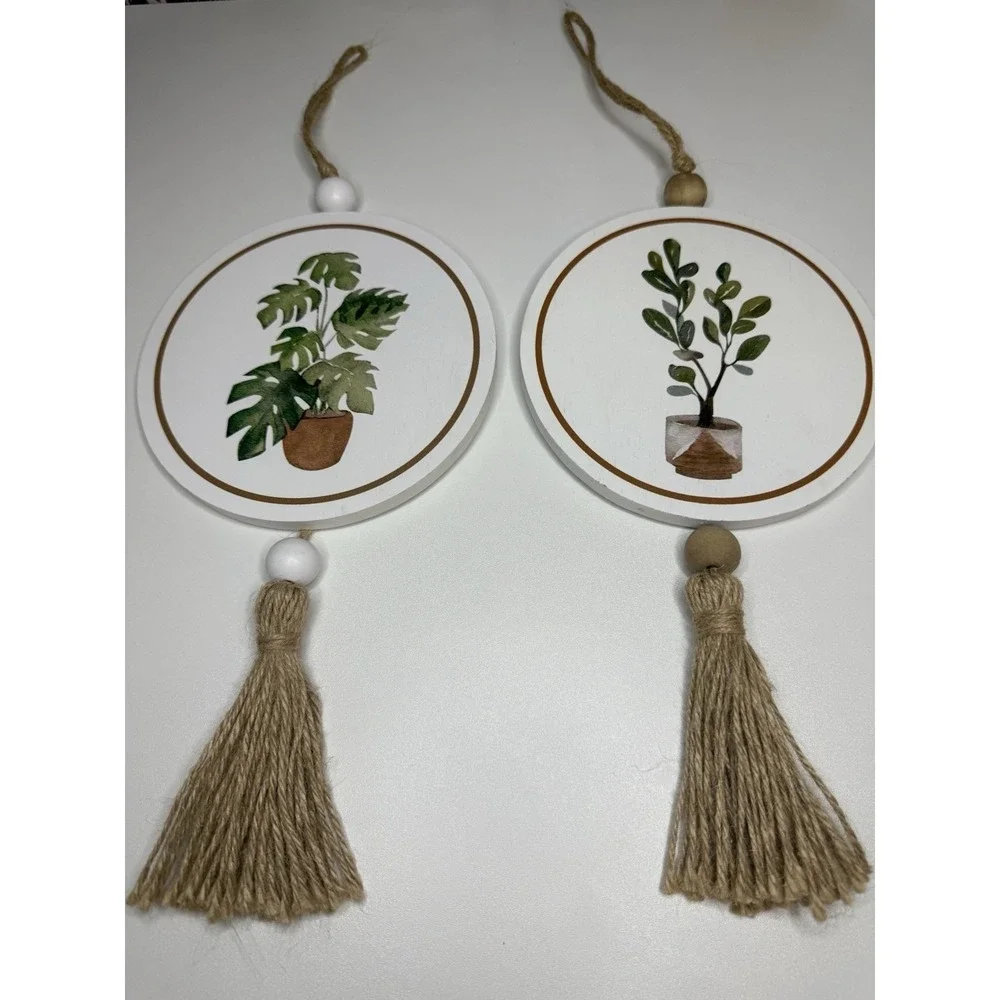 Set of 2 Wooden Plant Wall Hanging Decor Round Signs Tassel Boho Farmhouse
